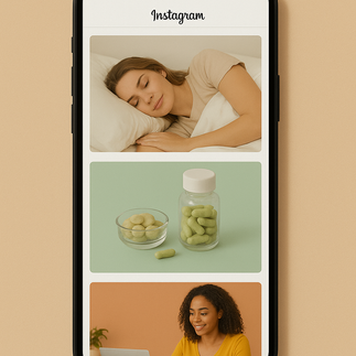 A phone showing a social media feed with images of a woman sleeping, supplements and a woman working on her laptop.