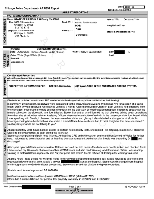 Samantha Steele Chicago Police Department Arrest Report