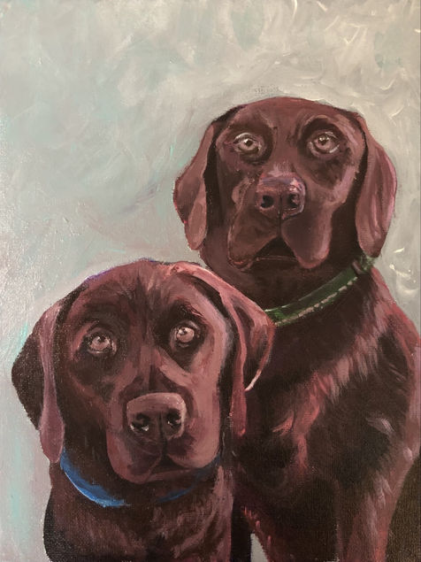 an acrylic painting of two chocolate labs posing for the viewer against a green background. 