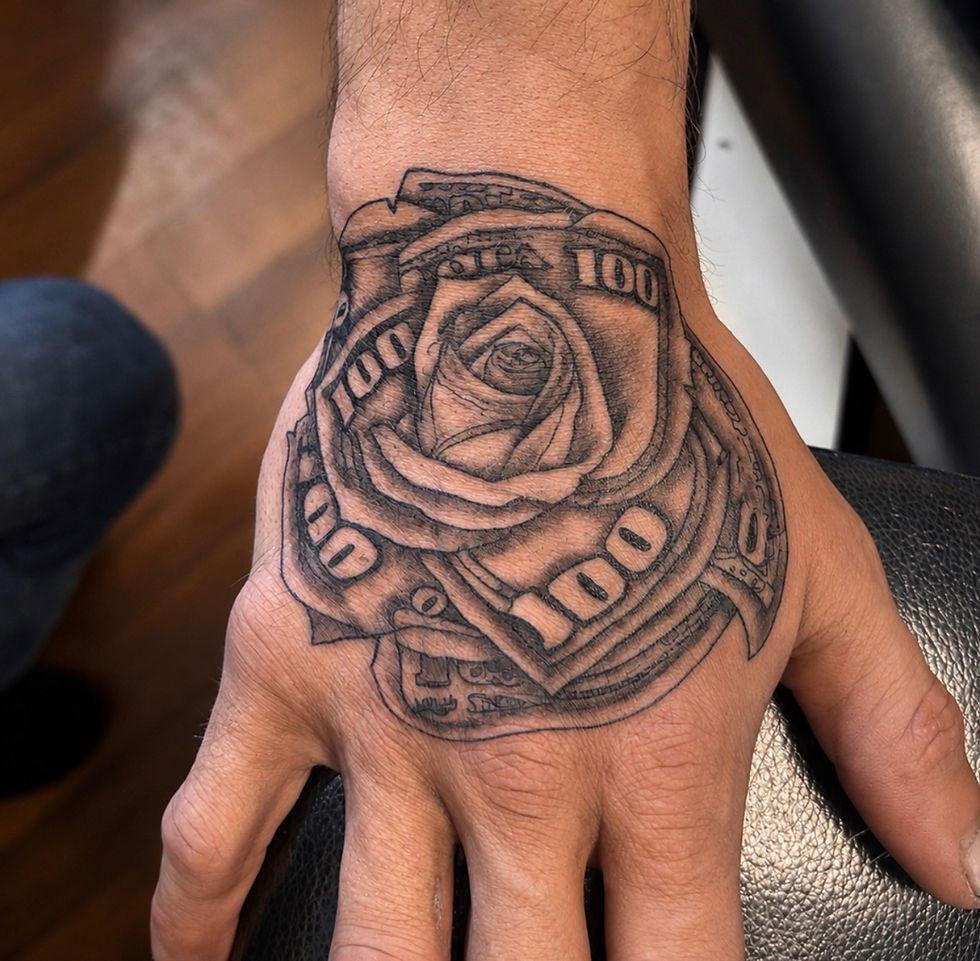 money hand tattoo with a rose Ink Bunker Alec DT