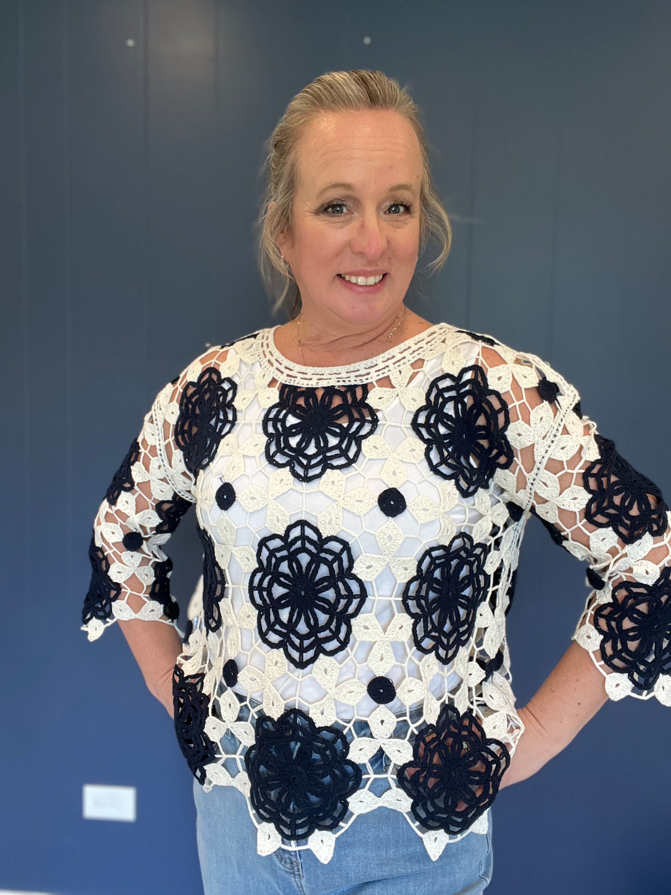 3/4 Sleeve Crochet Flower Blouse