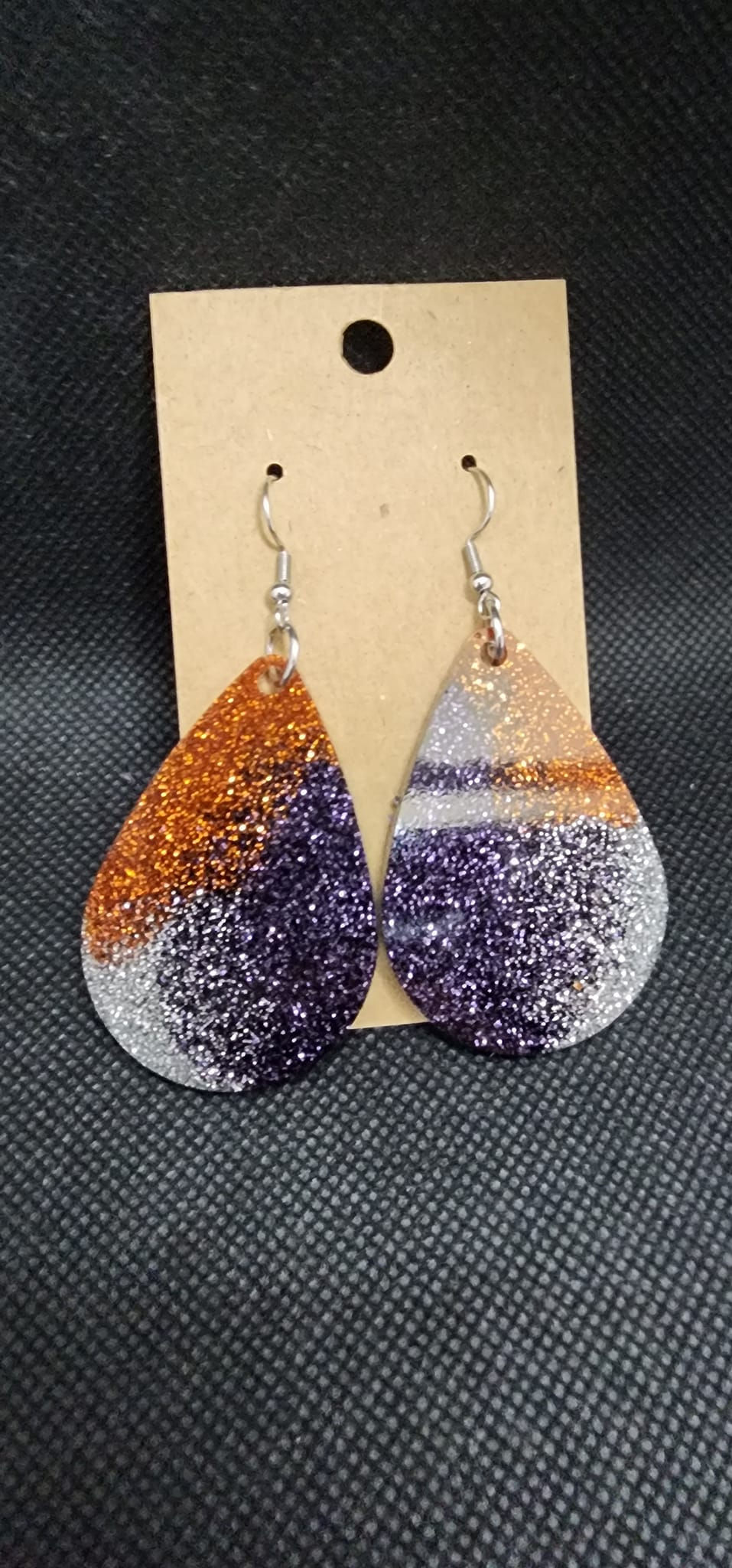 XL tear drop black, silver burnt orange sparkle