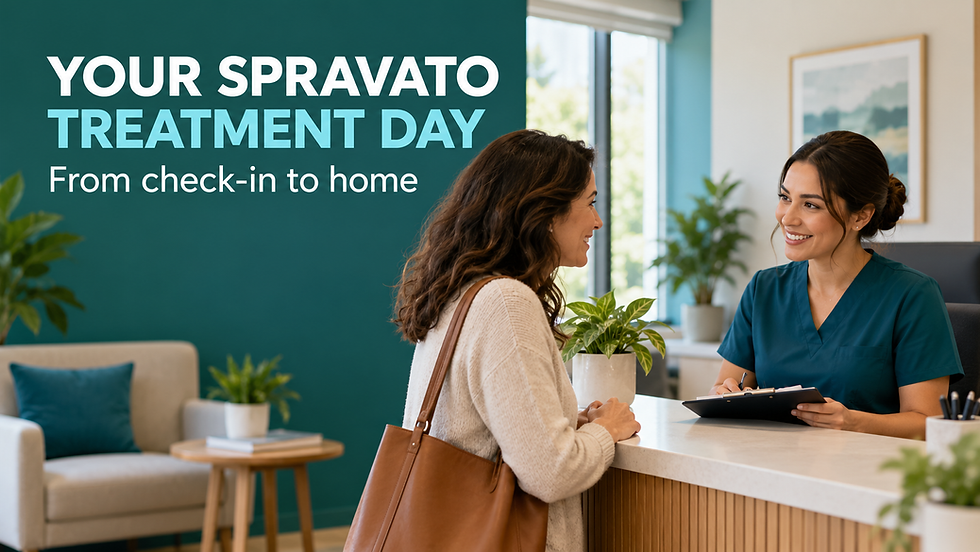 Clinic reception scene with a patient speaking to a nurse; on-screen text reads “YOUR SPRAVATO TREATMENT DAY” and “From check-in to home.”