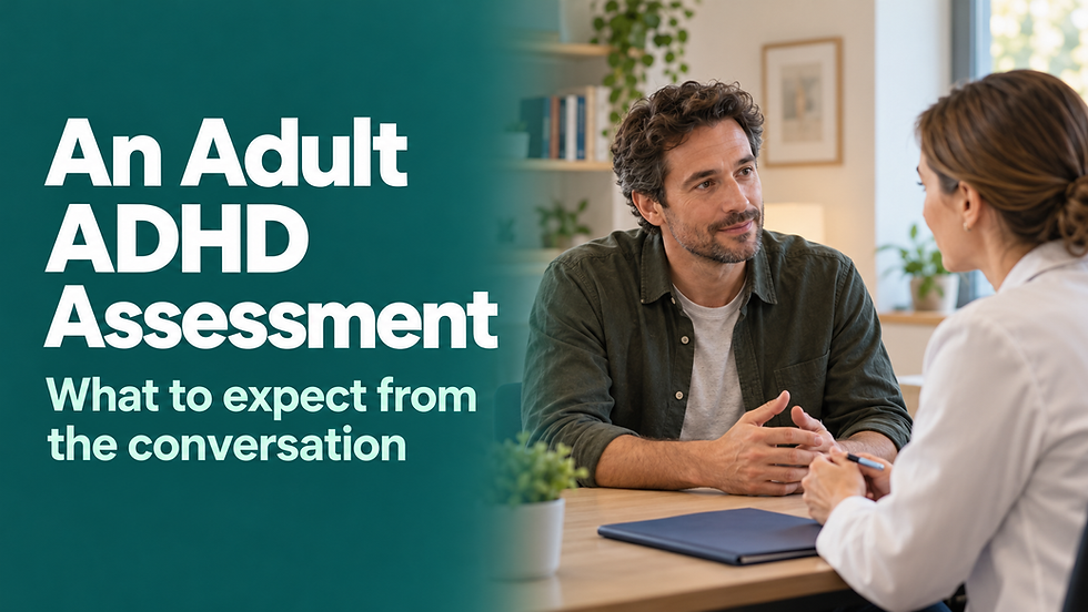 A man talks with a clinician at a desk in a bright office; large text reads, “An Adult ADHD Assessment” and “What to expect from the conversation.”