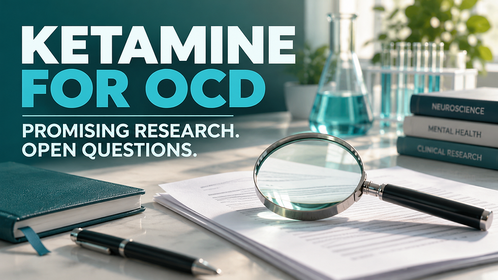 Ketamine for OCD graphic with lab glassware, magnifying glass over papers, and stacked books labeled neuroscience, mental health, and clinical research.