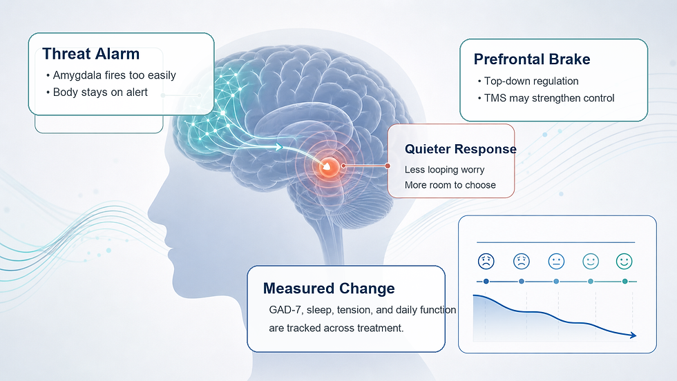 Medical infographic showing anxiety threat alarm, prefrontal regulation, quieter response, and measured symptom change during TMS care