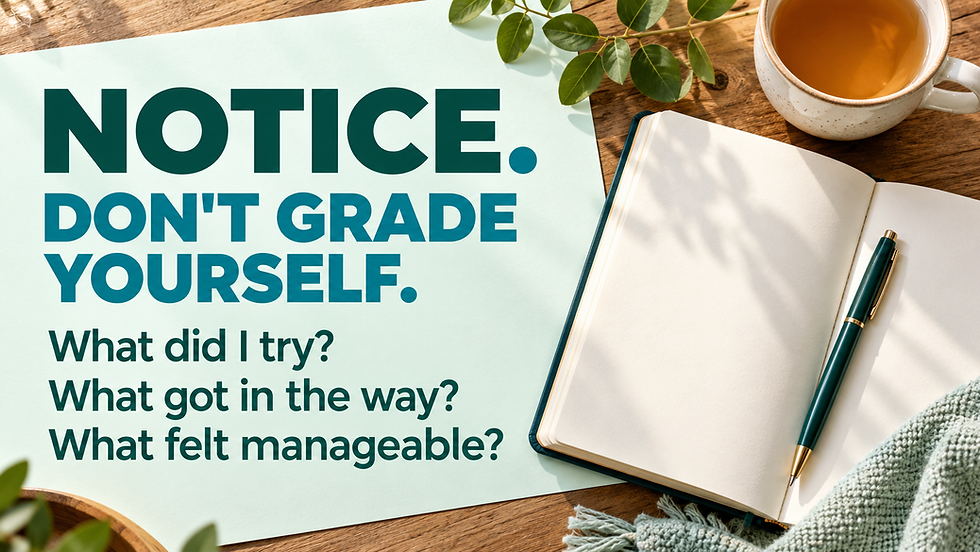 Open notebook and pen on a wooden table beside a cup of tea and the text “NOTICE. DON’T GRADE YOURSELF. What did I try? What got in the way? What felt manageable?”