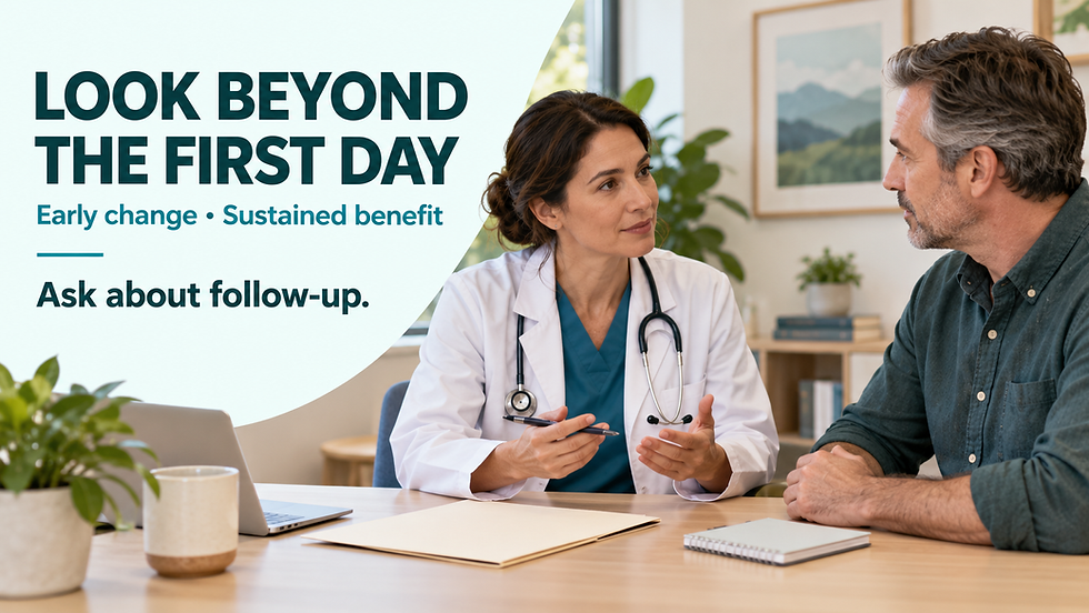 Doctor speaks with a seated man across a desk in a clinic office; large text reads, “LOOK BEYOND THE FIRST DAY,” “Early change • Sustained benefit,” and “Ask about follow-up.”