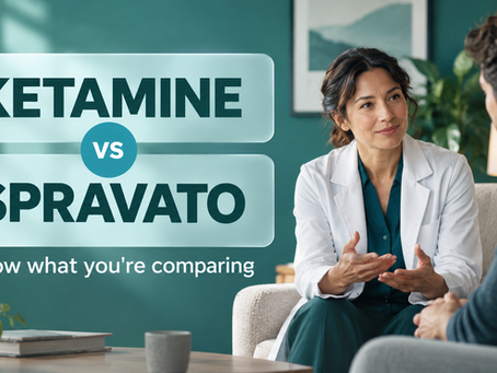 Doctor speaking with a seated man in a clinic, with overlay text reading “KETAMINE vs SPRAVATO” and “Know what you’re comparing.”