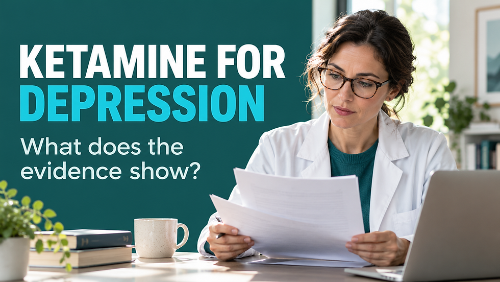 Doctor in a white coat reviews printed papers at a desk beside a laptop and mug; large text reads, “KETAMINE FOR DEPRESSION” and “What does the evidence show?”