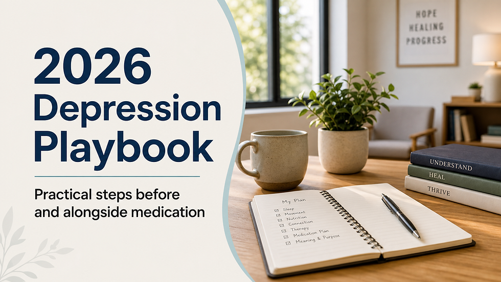 Featured image reading 2026 Depression Playbook beside a calm therapy office desk
