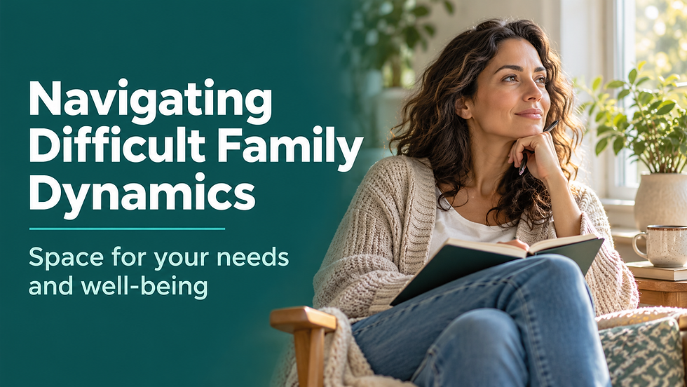 Woman sitting by a sunlit window holding a notebook and pen, with large text reading “Navigating Difficult Family Dynamics” and “Space for your needs and well-being.”