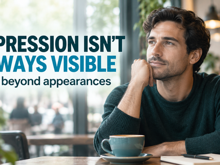 Man sitting at a café table looking thoughtful beside a coffee cup and notebook, with text reading “Depression isn’t always visible. Look beyond appearances.”