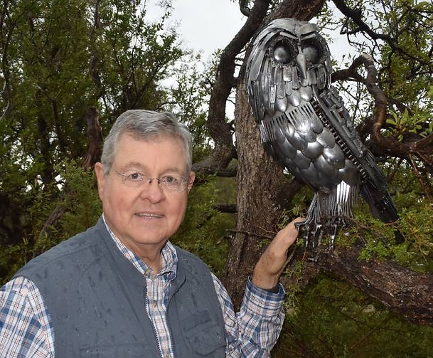 Ken Law with his sculpture exhibit on Kangaroo Island, Australia