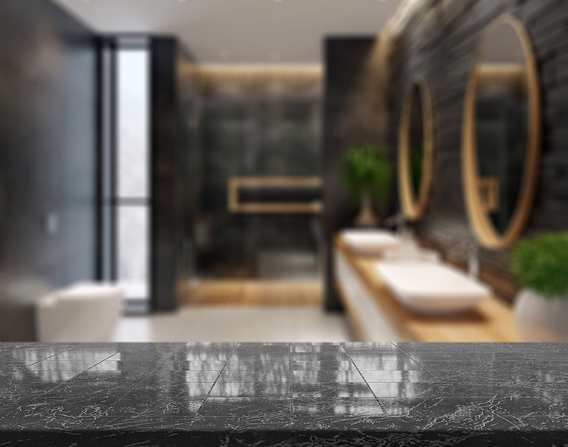 Empty marble top table with blurred bathroom interior Background. for product display mont