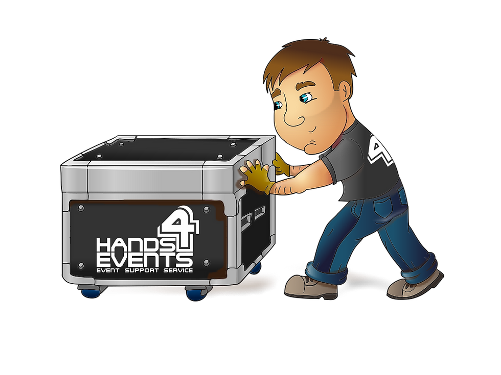 Afbeelding van een Hands 4 Events stagehand die een flightcase duwt met daarop het logo