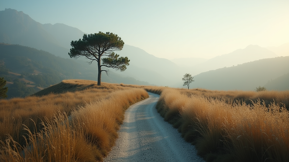 Eye-level view of a serene landscape with a winding path