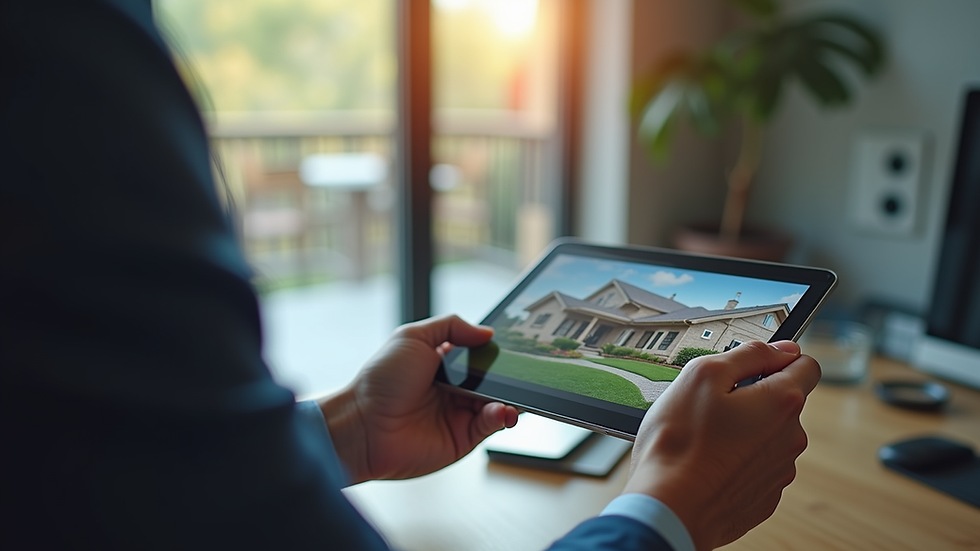 Eye-level view of a real estate agent reviewing property photos on a tablet