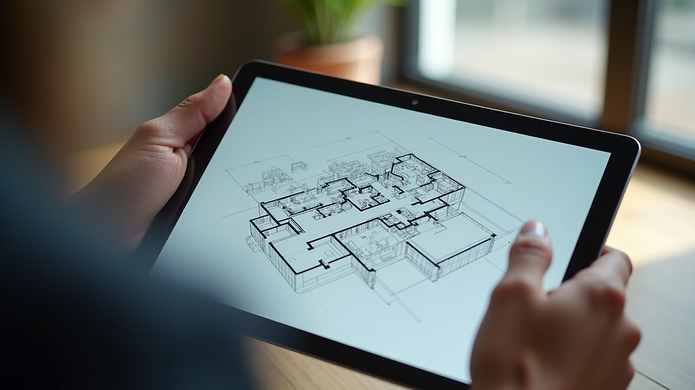 High angle view of a digital tablet displaying a 3D floor plan