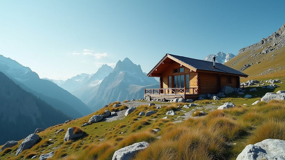 Wide angle view of a mountain cabin exterior with clear blue sky