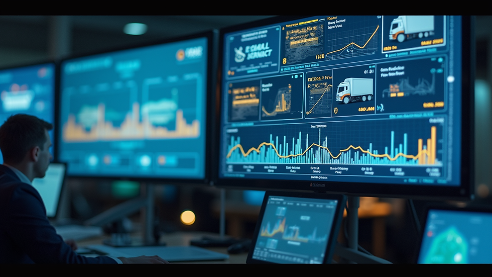 Close-up view of a mining logistics control center with digital screens displaying transport data