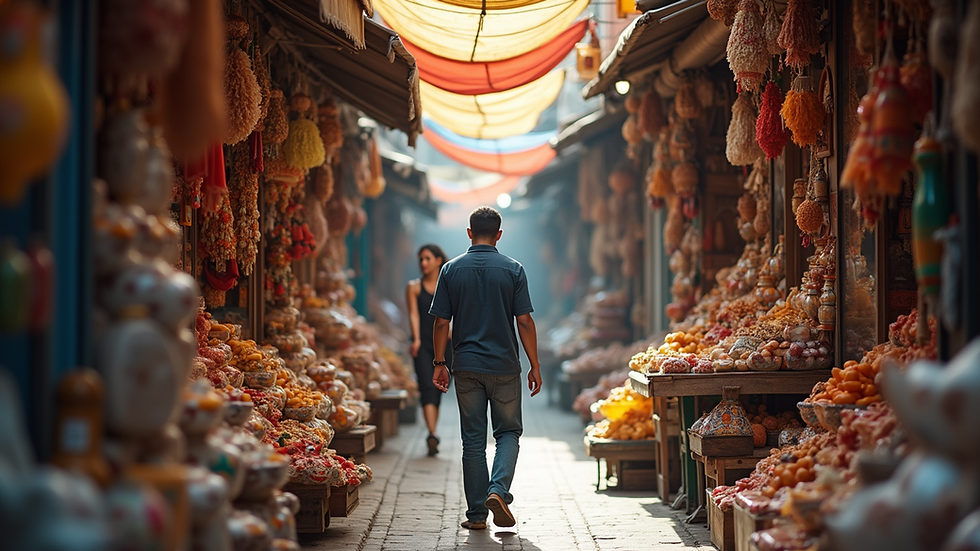 Eye-level view of a vibrant marketplace filled with unique merchandise