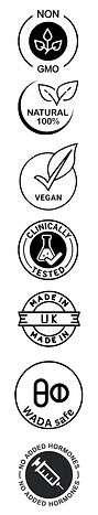 safety banner of supplements. non-GMO, made in UK, no hormones and WADA safe