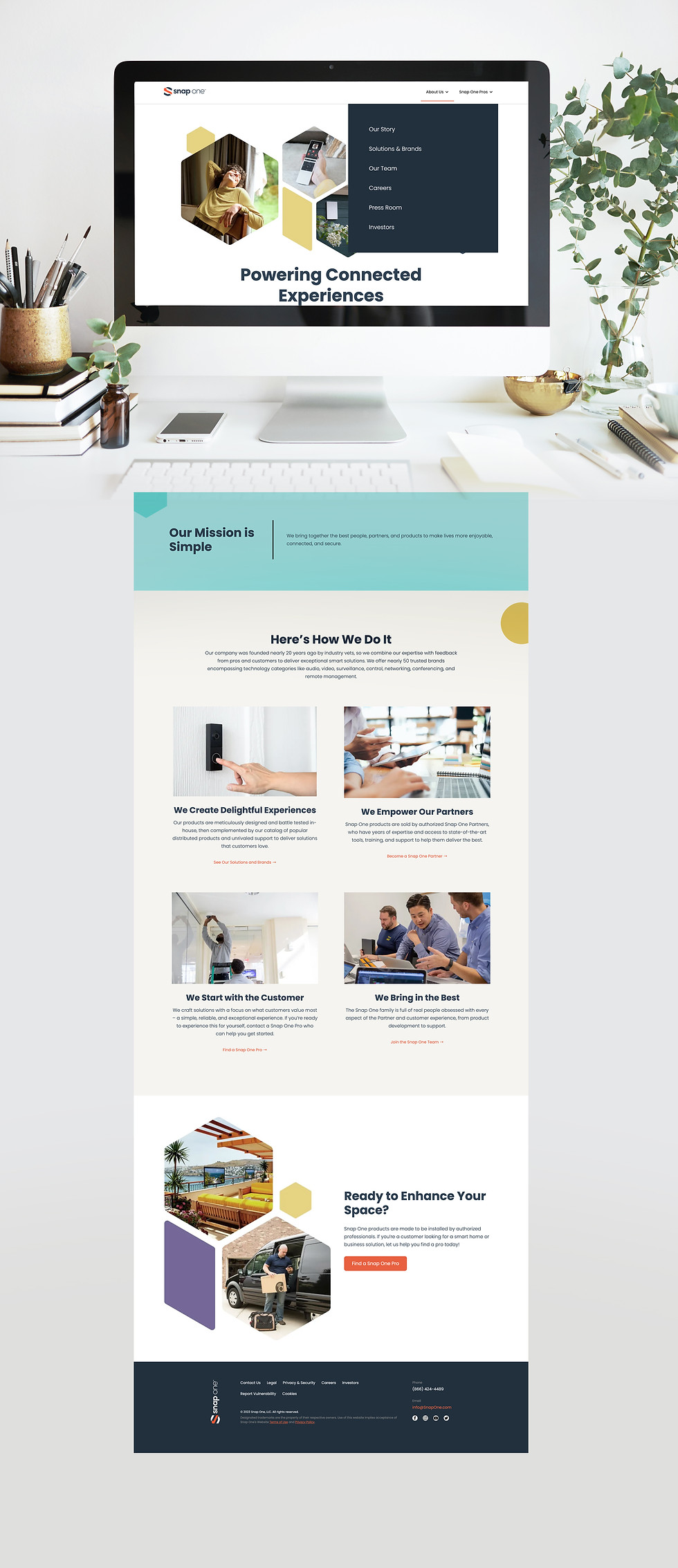 Snap One homepage website design with open menu