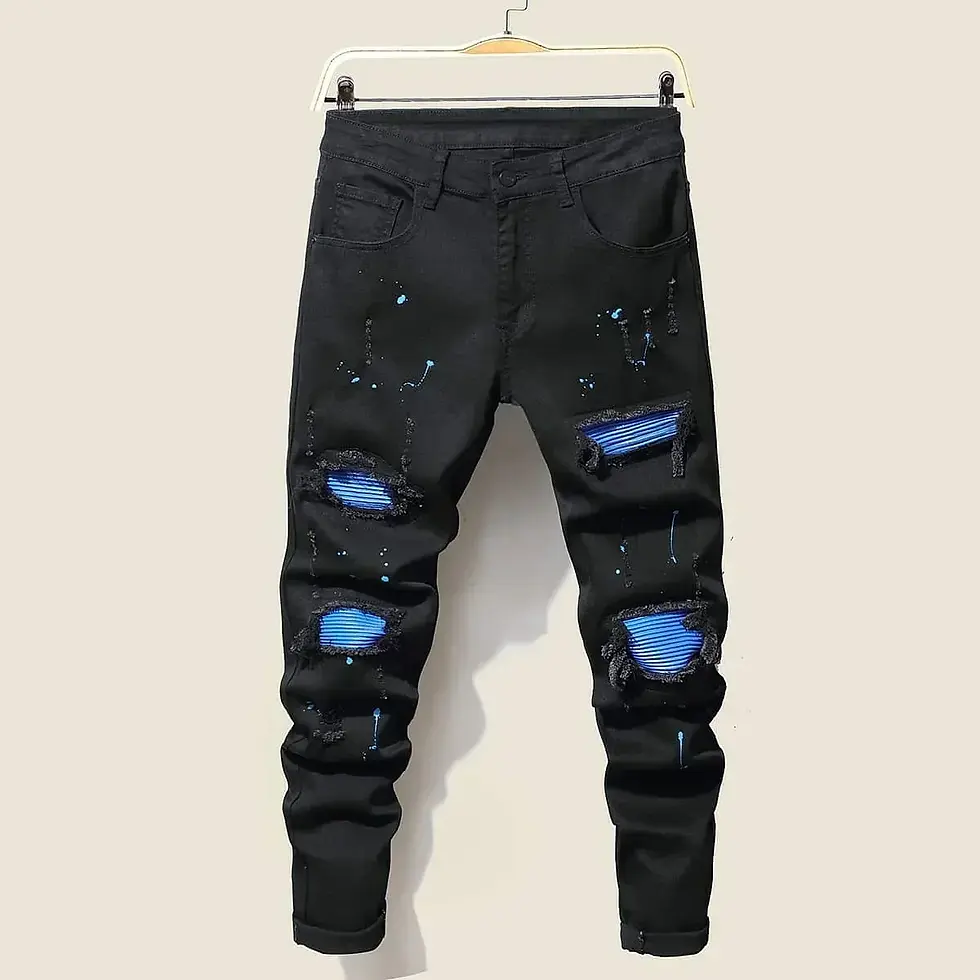 Thumbnail: Men's Jeans Cool Ripped Skinny Trousers Stretch Slim Denim Pants Patchwork Hip