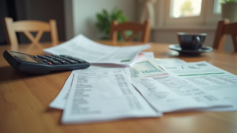 Eye-level view of a kitchen table with unpaid bills and a calculator