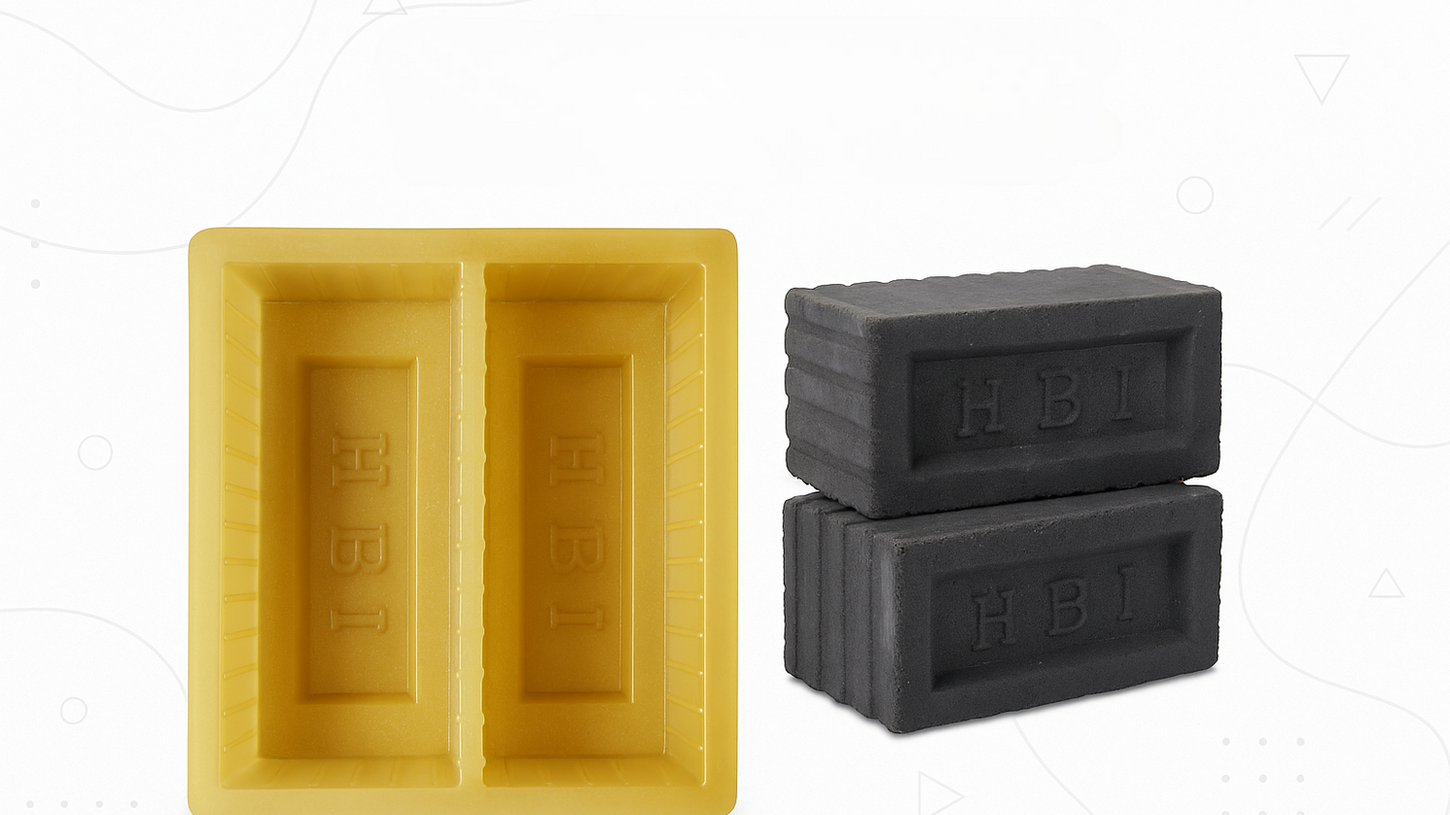 Durable PVC construction brick mould alongside a finished load-bearing brick, showcasing quality and precision.