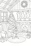 Cozy Christmas living room colouring page – a festive armchair by the fireplace, Christmas tree with ornaments, stockings, candles, and wrapped presents.