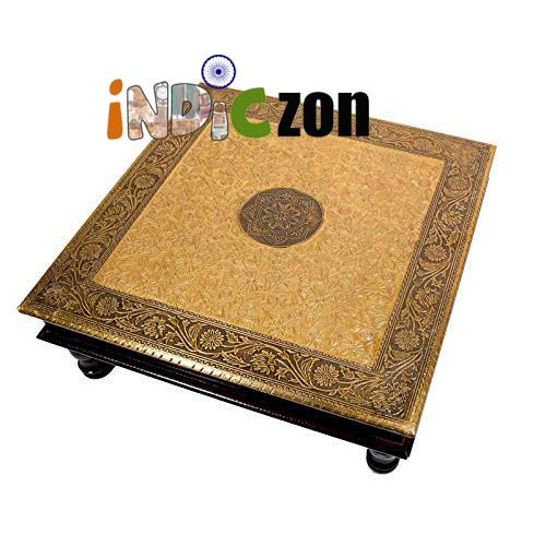 Thumbnail: Square Shape Wood Chowki | Brass Work Pooja Bajot Stool | Home Decor Sitting Tab