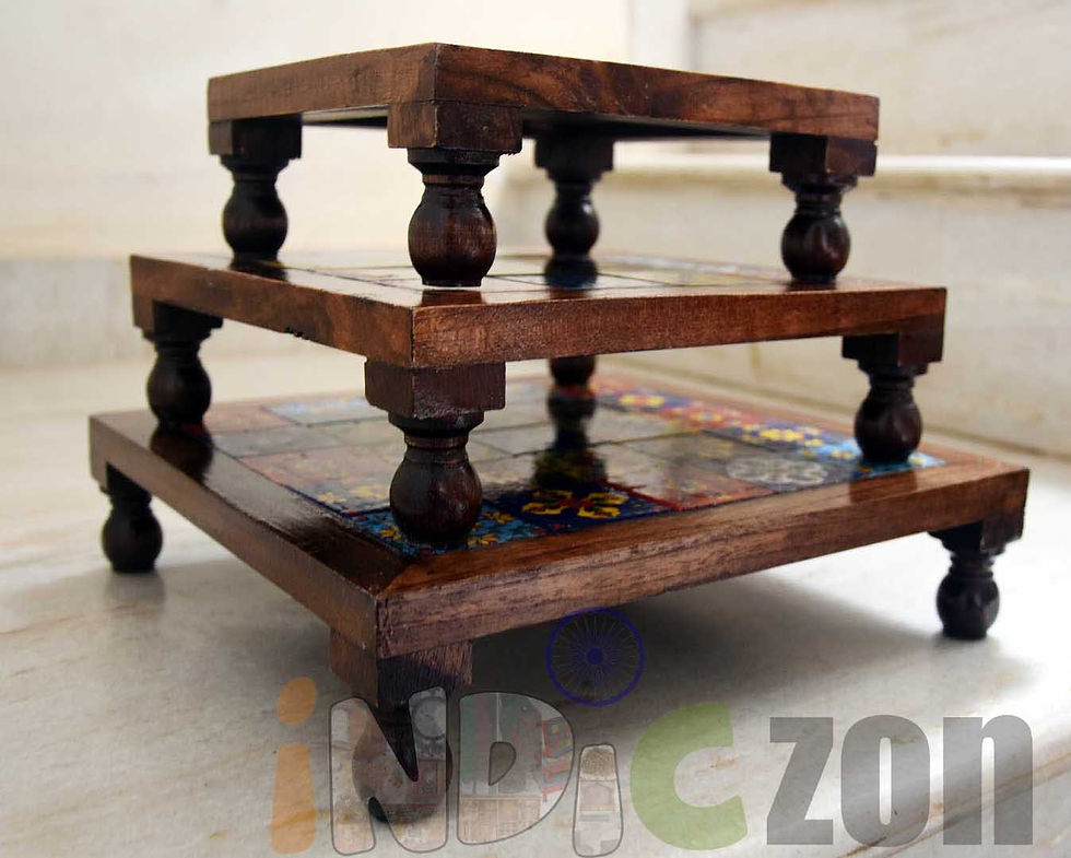 Thumbnail: Multi-Colored Wooden Set Of 3 Bajot Choki With Tiles