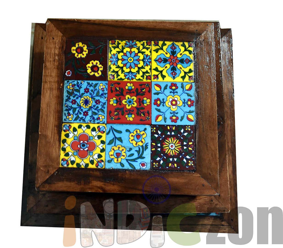 Thumbnail: Multi-Colored Wooden Set Of 3 Bajot Choki With Tiles