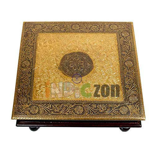 Thumbnail: Square Shape Wood Chowki | Brass Work Pooja Bajot Stool | Home Decor Sitting Tab