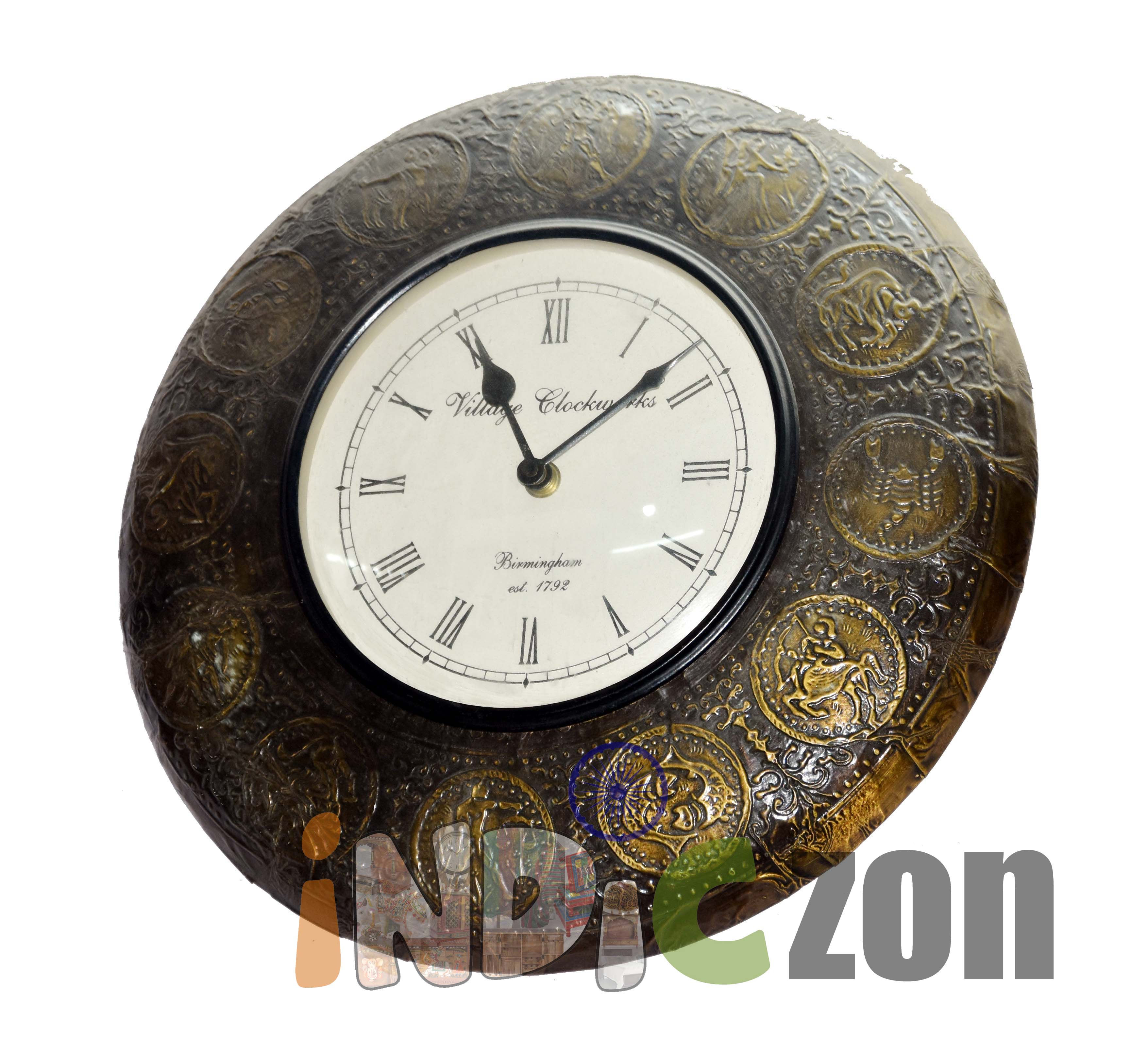 Indic Vintage Wooden Round Wall Clock with Antique Finish