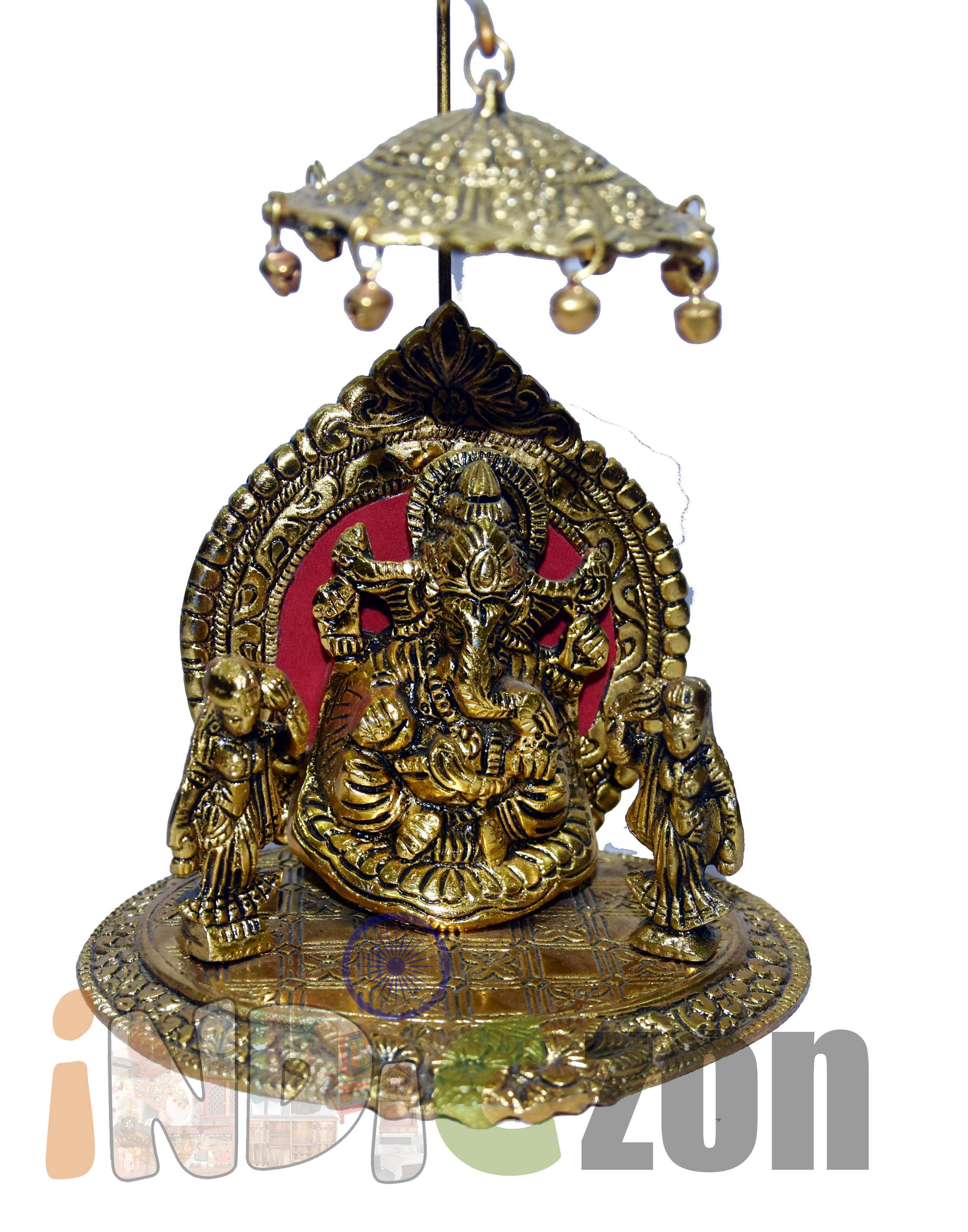 Indic Decor & Gifts Metal ridhi sidhi ganpati Statue Gold Plated Ganesha chatra
