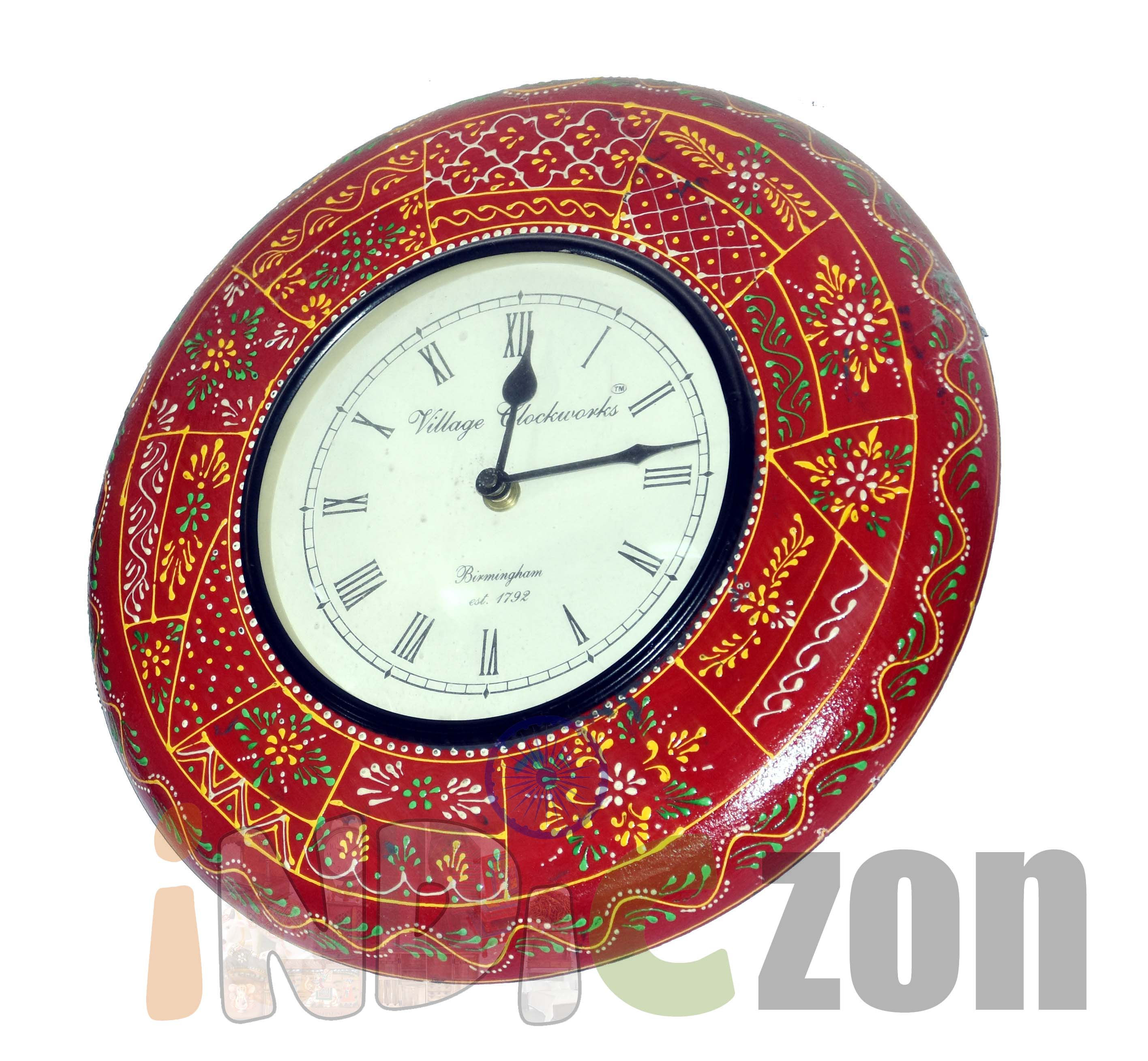 Indic Vintage Wooden Round Wall Painted Clock