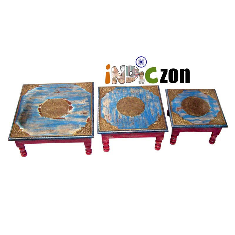 Thumbnail: Bajoth Table Gold and Blue Stool, Set of Three