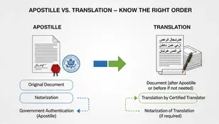Apostille and translation process illustration showing correct document legalization order