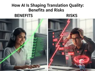 Illustration of AI translation balancing speed and quality risks.
