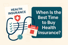 Stethoscope, clipboard with "Health Insurance," and June calendar on beige background. Text: "When Is the Best Time to Buy Health Insurance?"