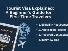 Tourist Visa Explained – Beginner’s guide for first-time travelers with passport, visa stamp, and suitcase illustration on travel theme background.