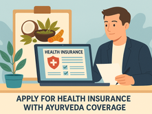 Man in suit reviews paper beside laptop showing health insurance. Background has Ayurvedic items. Banner: "Apply for health insurance."
