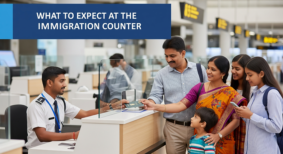 Immigration counter at international airport with passengers waiting in queue