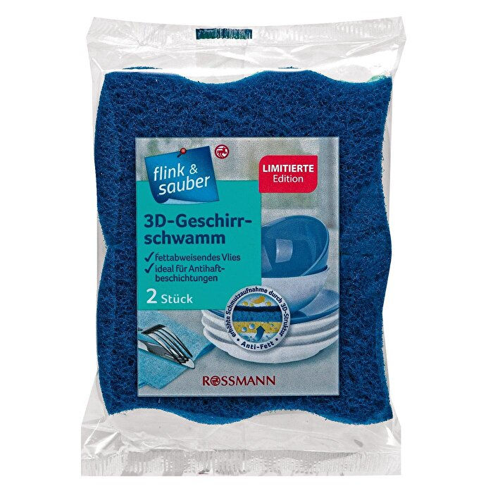 Bulaşık Süngeri 3D Ovalama Fiberi, Mavi 2'Li