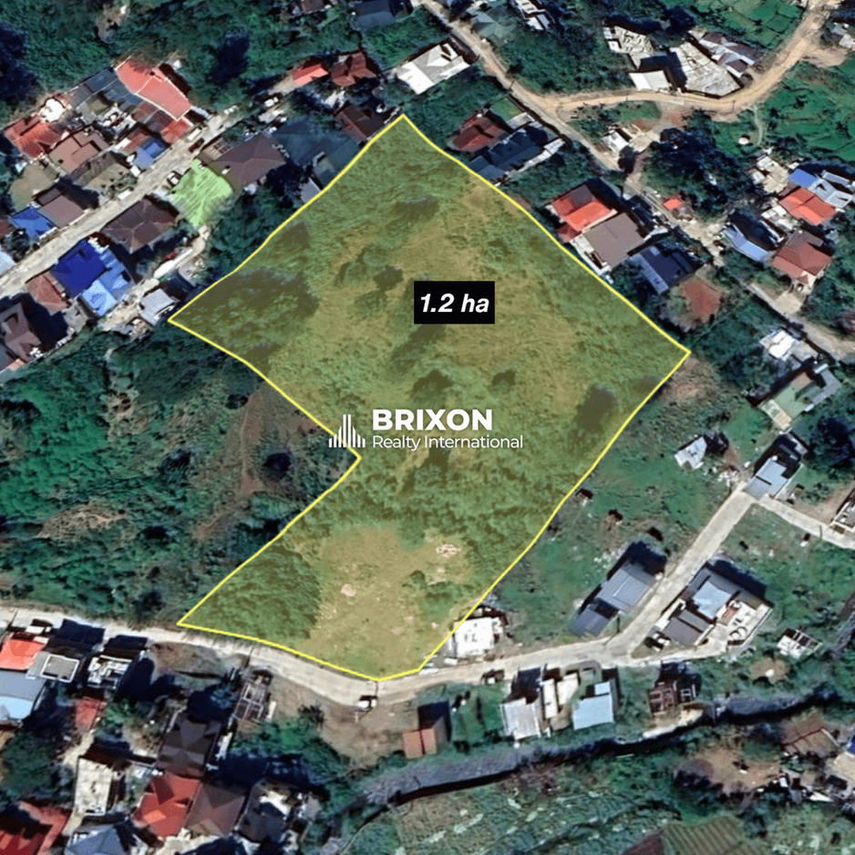 Top view of the 1.2-hectare Baguio property outlined with a “1.2 ha” label, highlighting the full land area and surrounding neighborhood.