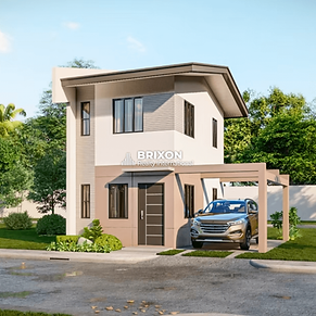Modern two-story single-attached house with carport and garden, featuring a beige and white exterior located in Pueblo de Oro Pampanga.