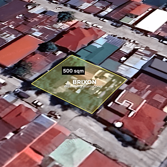 Aerial 3D view of a 500 sqm residential lot for sale in Marisol, Angeles City, adjacent to AUF Santa Barbara, highlighted with yellow boundary – Brixon Realty International.
